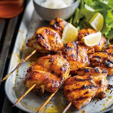 Des brochettes de poulet grillé avec des citrons et des herbes, accompagnées d'une salade verte.