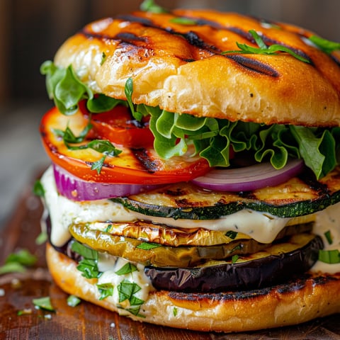 Un burger végétalien avec du fromage grillé et des légumes.