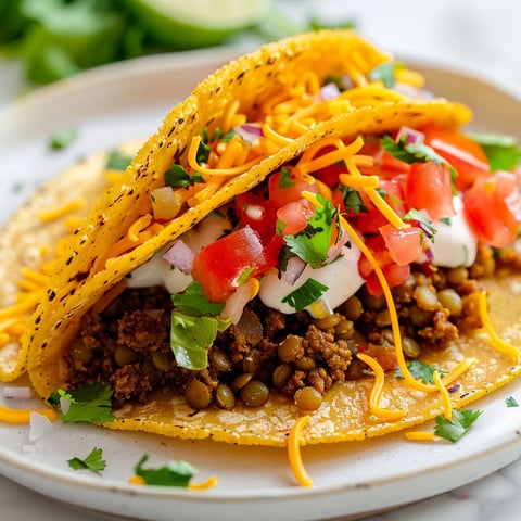 Un taco aux lentilles et au bœuf, avec des tomates, des épinards et du fromage.