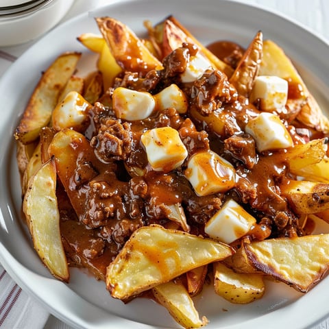 Une assiette de poutine sauce barbecue au bœuf, avec des pommes de terre et des morceaux de viande.