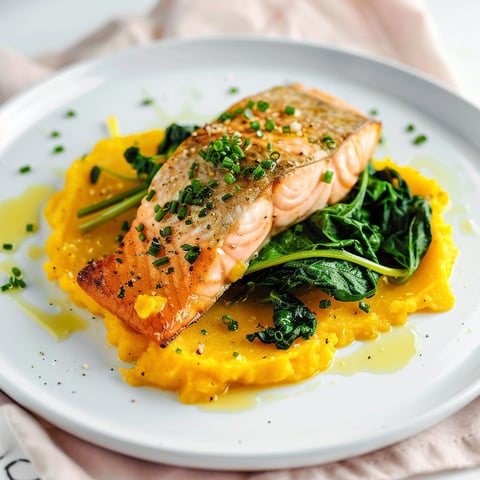 Une truite grillée avec des légumes verts et une purée de courge.