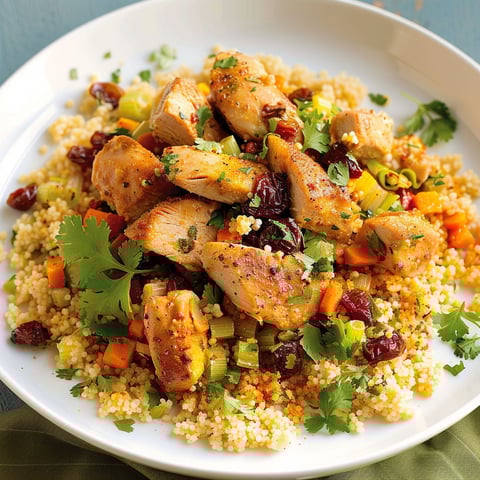 Une plate de couscous express au poulet, avec des légumes et des herbes, est servie sur une table.