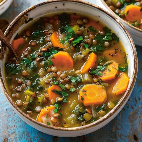 Une soupe aux lentilles et aux fanes de carottes est servie dans un bol en céramique.
