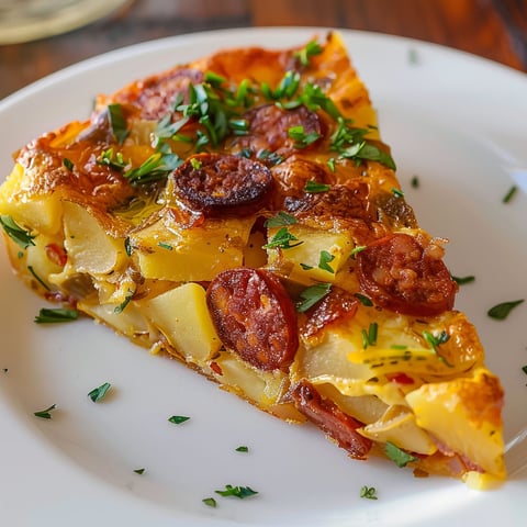 Une tortilla au chorizo est servie sur un plateau.
