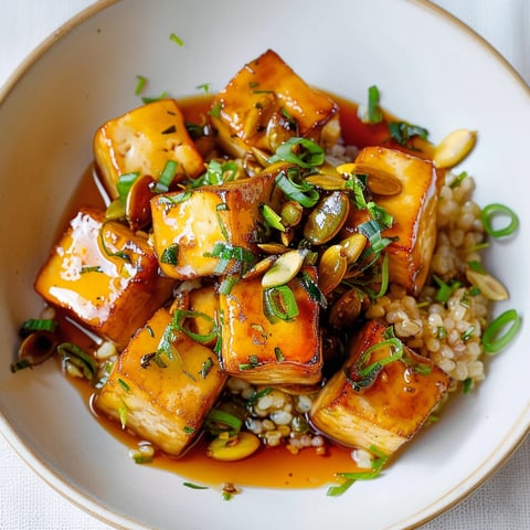 Une assiette de tofu caramélisé aux graines de citrouille, avec une sauce soyeuse et des herbes fraîches.