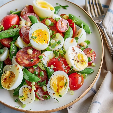 Une salade d'œufs, de pois mange-tout et de pommes de terre est servie sur un plateau.