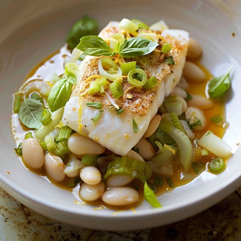 Poisson au céleri braisé et haricots blancs au citron.