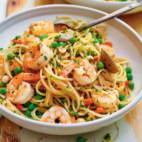 Une assiette de Spaghettis aux fruits de mer, avec des tomates, des pois, des carottes et des crevettes.
