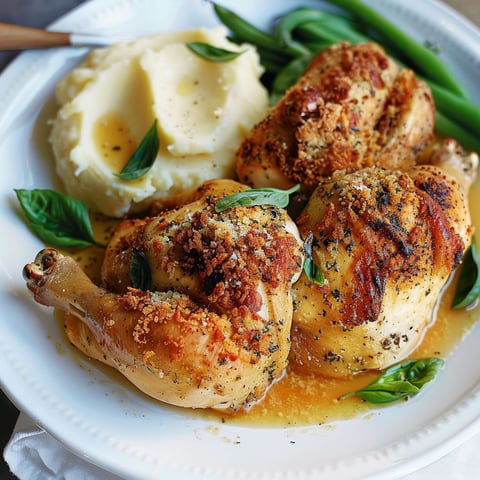 Un poulet croustillant au parmesan et au basilic est servit sur une assiette blanche avec des pommes de terre et des haricots verts.