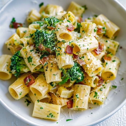 Une plate de spaghetti carbonara avec des brocolis et des bacon.