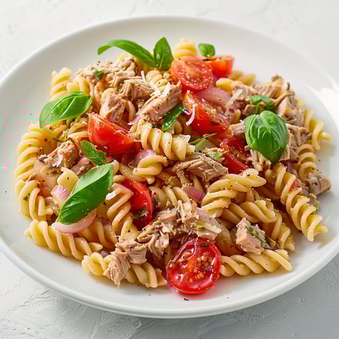 Une salade de pâtes froides avec des tomates, des épinards et des herbes.