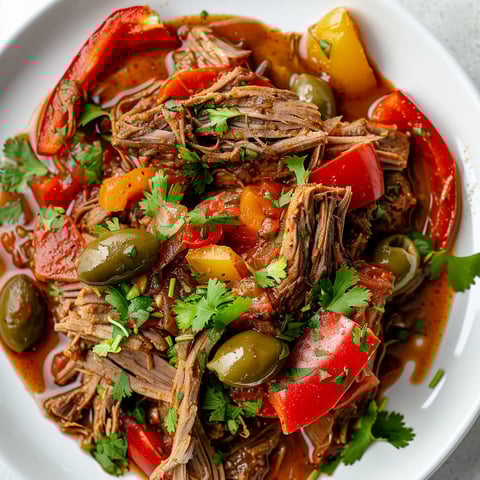 Une assiette de beef stew avec des tomates, des poivrons et des olives.