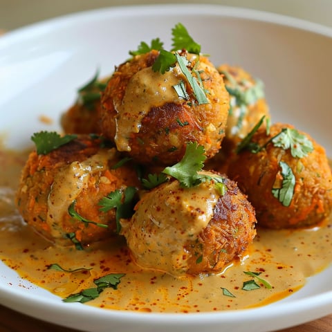 Une assiette de boulettes de carottes et pois chiches, sauce coco et curry.