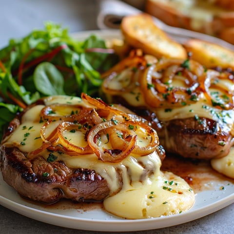 Steak parisien avec des pommes de terre et des oignons.