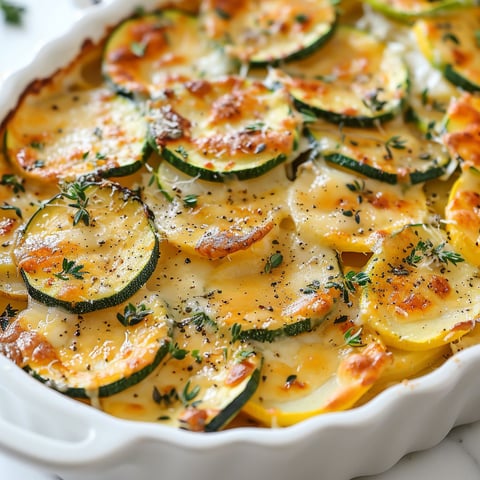 Une casserole de courgettes, pommes de terre et oignons gratinés au Parmesan.