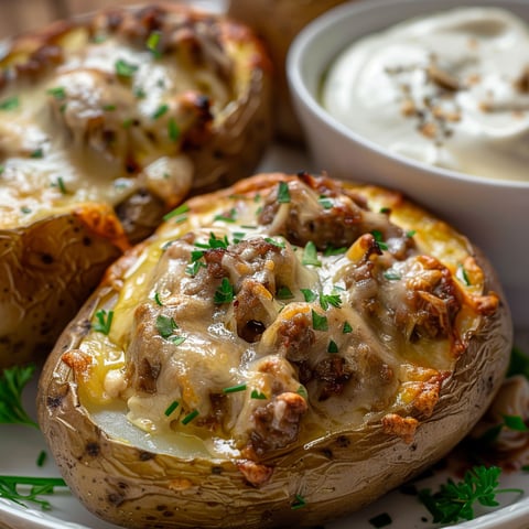 Pommes de Terre Farcies à la Viande et Sauce Fraîche, une recette savoureuse et délicieuse, est servie sur un plateau avec des pommes de terre farcies et une sauce fraîche.