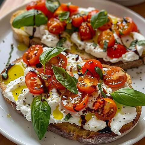 Une bruschetta au basilic, burrata et vinaigre balsamique, avec des tomates frais et des feuilles de basilic, est servie sur un plateau.