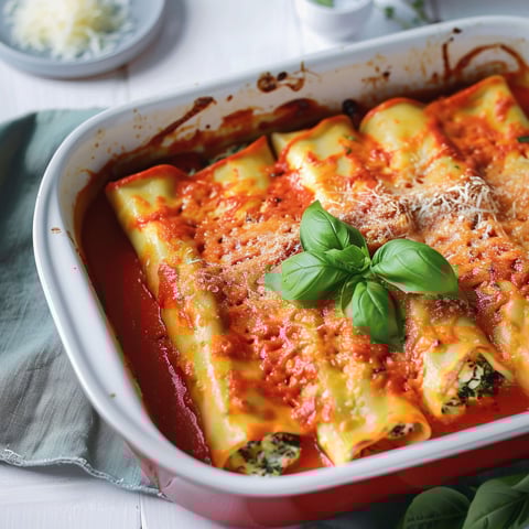 Un plat de cannellonis ricotta-épinards, sauce rosée, prêts à être servies.