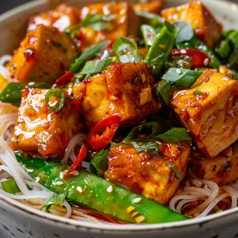 Une assiette de tofu au miso et à la tomate, avec des légumes verts et des épices.