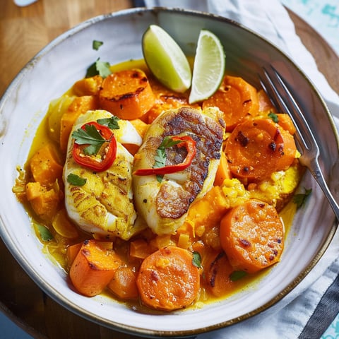Un plat de poisson ragoûté avec des carottes douces et des patates.