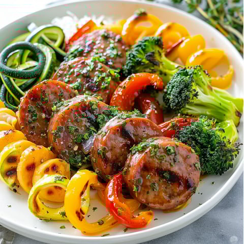 Une plaque de saucisses, légumes et fromage en grains, avec des légumes tels que des poivrons, des courgettes et des brocolis.