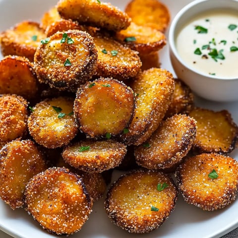 Plate of crispy fried mushrooms with a dipping sauce.