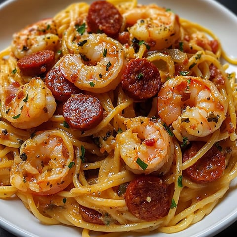 Une plate de spaghetti chorizo crevettes, avec des tomates, des oignons et des herbes, est servie sur un plateau.