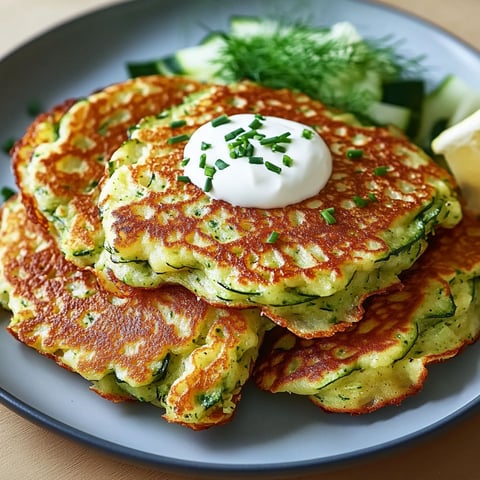 Une plaque de crêpes de courgettes simples, avec une sauce et des herbes sur les crêpes.