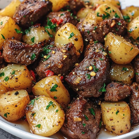 Une recette de steak avec des pommes de terre et des herbes, servie dans un plat.