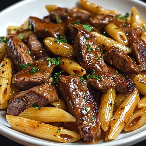 Un plat de Pasta au Steak, Miel et BBQ, avec des pâtes et des morceaux de viande grillée, garnis de miel et de sauce BBQ.