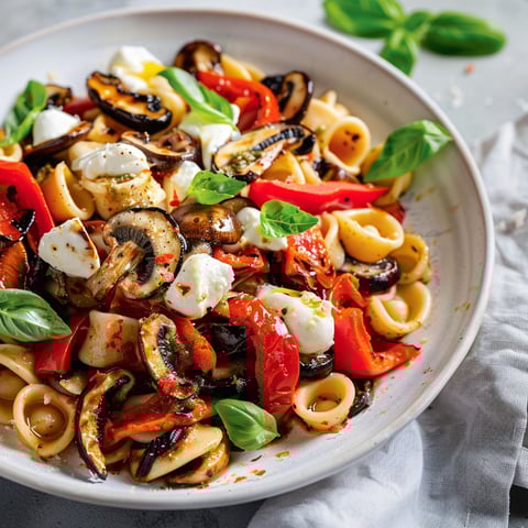 Une salade de pâtes froides avec des tomates, des champignons et des herbes.