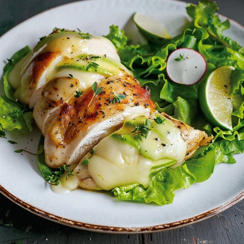 Une poignée de poulet farci à l'avocat et au fromage, accompagné de salade verte.