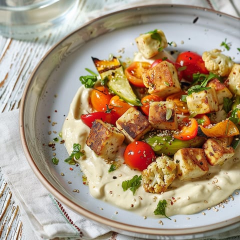 Une assiette de tofu et de légumes sur houmous au yogourt.