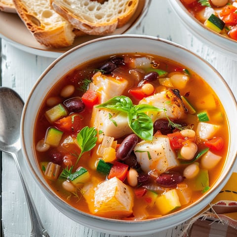 Une soupe de poisson et de fenouil est servie sur une table avec des tranches de pain et des tranches de viande.