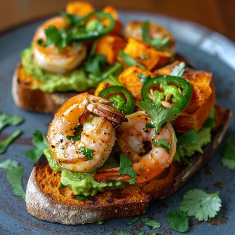 Une tartine à l'avocat, à la patate douce et aux crevettes est servie sur un plateau.