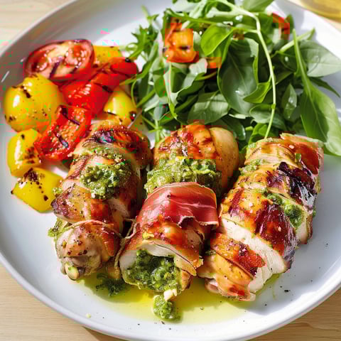 Une assiette de paupiettes de poulet au parmesan, accompagnée de légumes verts et de tomates.