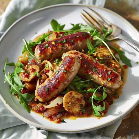 Une assiette de saucisses italiennes braisées au vin rouge, accompagnée de légumes et de pommes de terre.