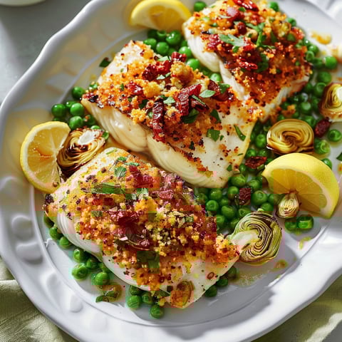 Poisson croustillant au citron et aux tomates séchées, avec des légumes verts et des herbes, sur un plateau.