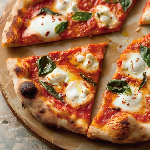 Une pizza Margherita à croûte mince est servie sur une planche de bois.