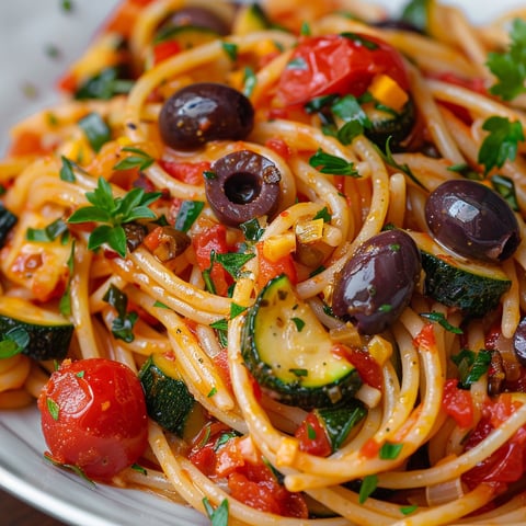 Une plate de spaghettis aux tomates cerises et aux courgettes, garnie de herbes et de sauce.