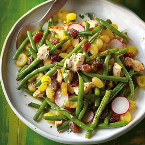 Une salade de haricots au poulet et aux raisins est servie dans un bol sur une table.