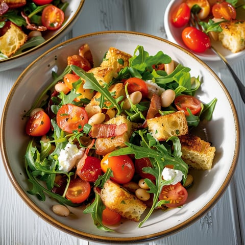 Une salade de panzanella avec des haricots blancs, des tomates cerises et du bacon.