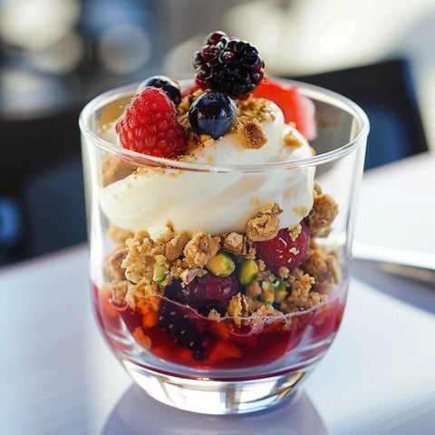 Un dessert en verre contenant des pistaches, une crème fouettée et des petits fruits.
