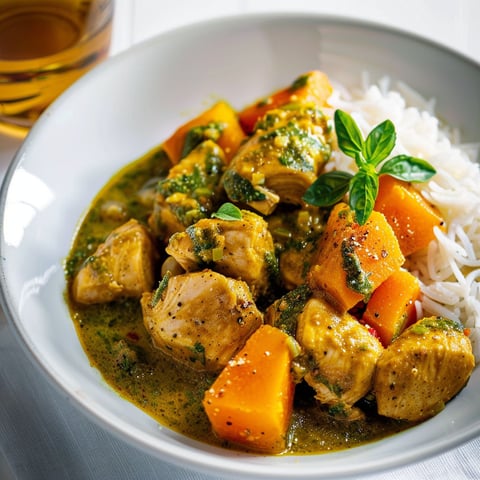 Une assiette de Cari thaï au poulet et à la courge, avec des légumes verts et des carottes.