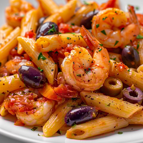 Une plate de pâtes aux crevettes et aux olives, avec des olives et des herbes vertes, est servie sur un plateau.