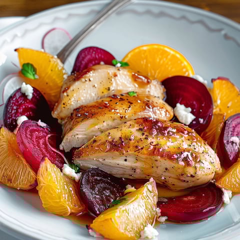 Une assiette de poulet grillé avec des oranges, betteraves et radis rôtis.