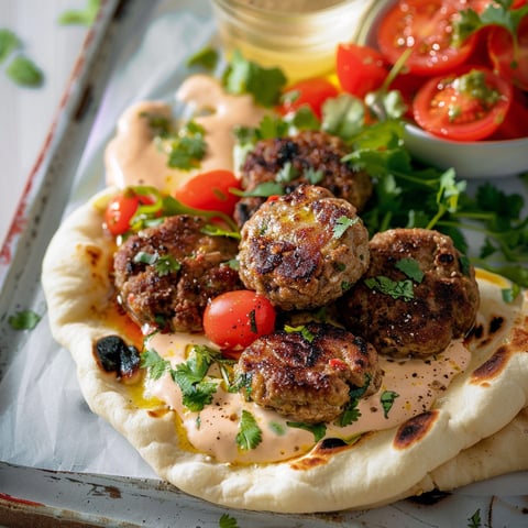 Une plaque de naan avec des keftas de boeuf et des tomates.