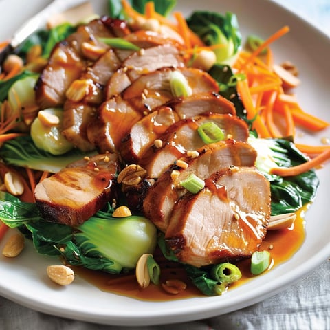 Une salade de bok choy et de filet de porc, vinaigrette teriyaki, est servie sur un plateau.