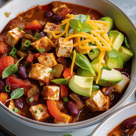 Une soupe chili avec des tofu, des avocats et des épinards.