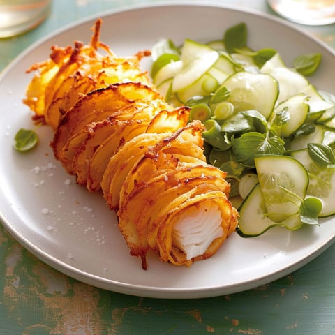 Une morue enrubannée de pomme de terre est servie avec une salade de concombre.
